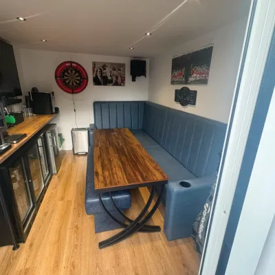 Bespoke Couch Style Seating With Custom Matching Bench For A Home Bar