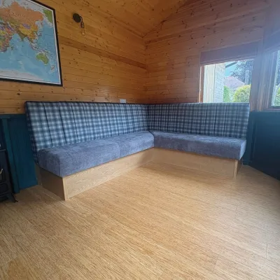 Blue Suede Seating With Patterned Back Rest