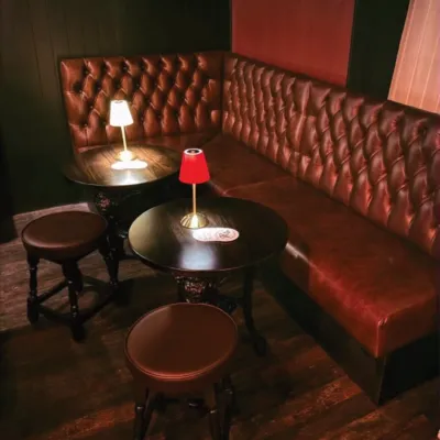 Real Leather Fixed Corner Couch With Leather Stools And Buttoned Back Rest