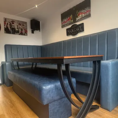 Bespoke Couch Style Seating With Custom Matching Bench For A Home Bar Close Up